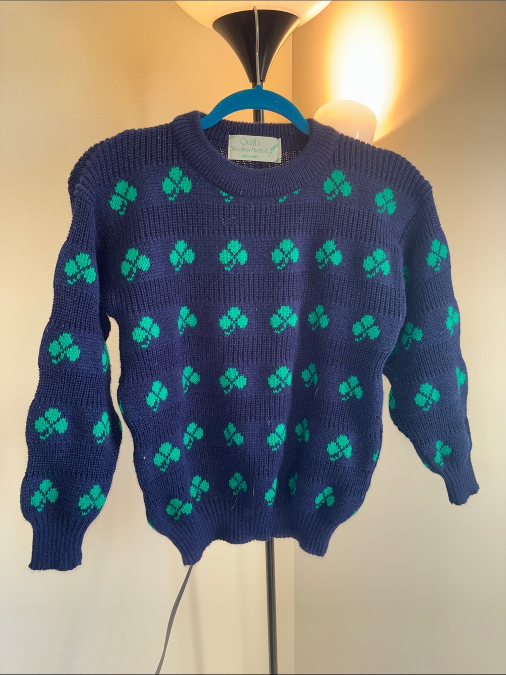 Vintage Wool Crewneck Sweater, Navy & Green Patterned
